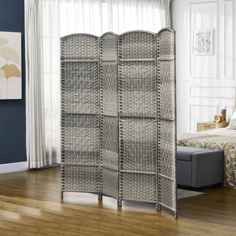 Renters Friendly Ready To Use Six Foot Four Panel Room Divider With Pine Wood Frame Freestanding Privacy Screen Hand Woven PP Panels No Assembly Mixed Gray For Bedroom Or Home Office