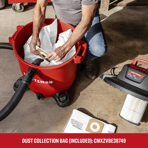 Professional 20 Gallon Wet Dry Shop Vacuum With Six Point Five Peak Horsepower shown with dust collection bag and filter.