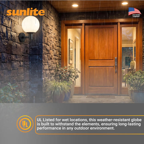 12-Inch Outdoor Post Mount Light Fixture With E26 Socket White Frosted Globe Black Base Weatherproof Wet Rated UL Listed Fits Standard 3-Inch Post Post Not Included Go-To Outdoor Lighting For Porch Patio And Garden Pathways on stone wall near entrance