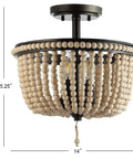 Boho Farmhouse 3 Light LED Semi Flush Mount Ceiling Chandelier With Cream Wood Bead Shade Black And Light Taupe Beaded Fixture 14 Inch Lighting For Nursery Or Bedroom Energy Saving LED Bulbs Included