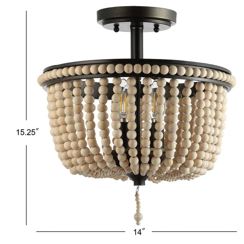 Boho Farmhouse 3 Light LED Semi Flush Mount Ceiling Chandelier With Cream Wood Bead Shade Black And Light Taupe Beaded Fixture 14 Inch Lighting For Nursery Or Bedroom Energy Saving LED Bulbs Included