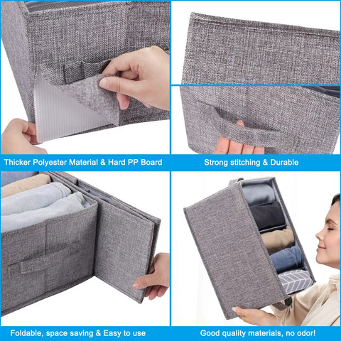 Wardrobe Closet Organizers 4 Piece Set With 7 Grid And 5 Grid Foldable Jeans Organizers For Shelf Storage Bins Keeps Clothes Neat And Tidy Durable Polyester And PP Board With Breathable Nylon Mesh For Shirts Pants And Sweaters Grey, close-up of grey organizers with breathable mesh and strong stitching.