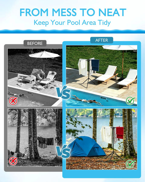 Outdoor Pool Towel Rack With Four Adjustable Arms Freestanding 51 To 71 Inches Height Foldable Drying Rack For Towels And Swim Gear Rust Resistant Steel Great For Poolside Backyard And Camping comparing before and after organizing poolside and camping area
