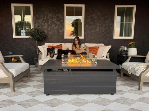 Propane Fire Pit Table With 50,000 BTU Heat For Your Backyard, 51 inch rectangle fire table in use with cozy setting