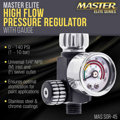 Front view of Master Elite high-flow pressure regulator with gauge for spray guns, 0–140 PSI, stainless steel and chrome coating