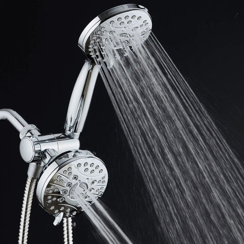 High Pressure 48 Mode Luxury 3 Way Shower Combo With Dual Rain And Handheld Shower Head, Extra Long 6 Ft Hose, Chrome Finish