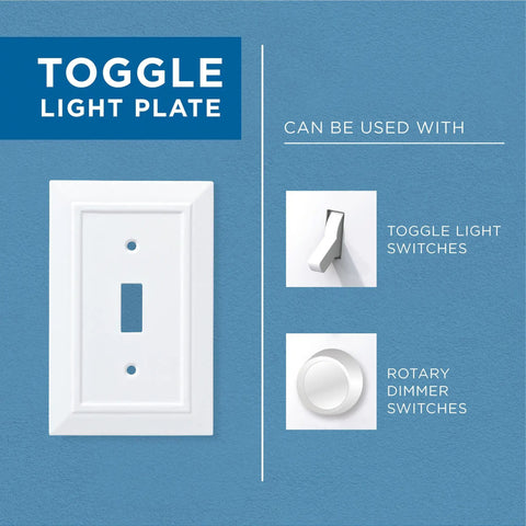 Display of a white toggle light plate compatible with toggle light and rotary dimmer switches.
