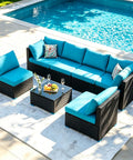All Weather 7 Piece Outdoor Sectional Sofa Set With Waterproof Cover Wicker Patio Furniture Including Coffee Table Cushions And Rust Resistant Frame Blue Backyard Hangout Conversation Set For Garden And Patio next to pool.