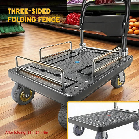 Beefy Heavy Duty Foldable Hand Cart With Wheels For 1300 Lbs Loads Portable Platform Hand Truck With Detachable 3 Sided Guardrails Rugged Dolly For Moving Equipment On Concrete Wood Or Carpet Wide Application And Easy Storage, folded view