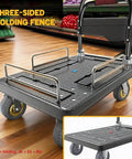 Heavy Duty Folding Rail Platform Cart Workhorse With 35.4 By 23.6 Inches Flatbed Trolley 1300 Pound Capacity Brake Caster Wheels Collapsible Steel Deck Dolly For Warehouse Garage And Moving, three-sided rails folded