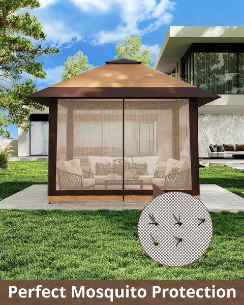 13X13Ft Pop Up Gazebo Canopy With Double Roof Mosquito Netting Keeps Insects Out Adjustable Height in a backyard setting