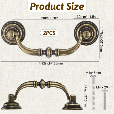 Two Piece Vintage Drop Bail Dresser Handles, Bronze Antique Cabinet Pulls For Cabinets And Dressers, dimensions labeled