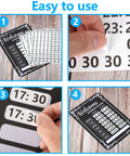 Two Pack Changeable Business Hours Signs For Doors And Windows With Six Time Stickers In Durable Black PVC Measuring 13.78 By 9.45 Inches Perfect For Coffee Shops Bars Cafes Restaurants Front Entrance Or Window Displays showing easy-to-change stickers.