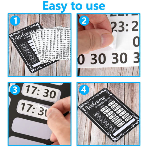 Two Pack Changeable Business Hours Signs For Doors And Windows With Six Time Stickers In Durable Black PVC Measuring 13.78 By 9.45 Inches Perfect For Coffee Shops Bars Cafes Restaurants Front Entrance Or Window Displays showing easy-to-change stickers.