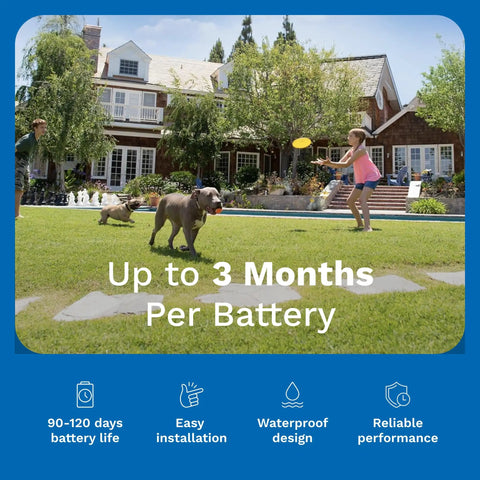 Power Cap Battery 2 Pack For Dog Fence Collars Long Lasting 90 Day Battery Replacements Up To Six Months Of Coverage Keep One On Hand So Your Collar Never Goes Dead. Dog playtime image with 3-month battery life text