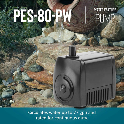 Magnetic Drive Fountain Pump 77 GPH 115 Volt With Built-In Adjustable Flow Valve in front of rock waterfall display