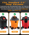 Fits standard 2.5 inch shop vacuums, image shows Shop Vac, Ridgid, and Craftsman brands compatible with Y connector separator.