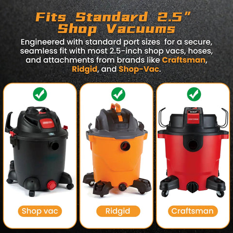 Fits standard 2.5 inch shop vacuums, image shows Shop Vac, Ridgid, and Craftsman brands compatible with Y connector separator.