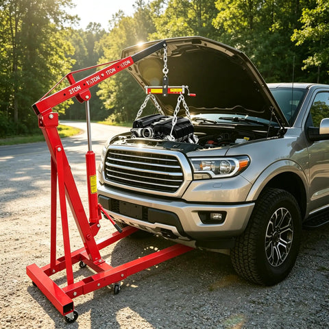 No Sweat 4400 Pound Engine Hoist Cherry Picker with adjustable boom lifting engine over a truck hood outdoors.
