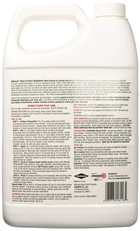Back view of product label with instructions for Deck And Fence Brightener Restores UV Grayed Wood And Mildew Stains, Quick Water Mix.