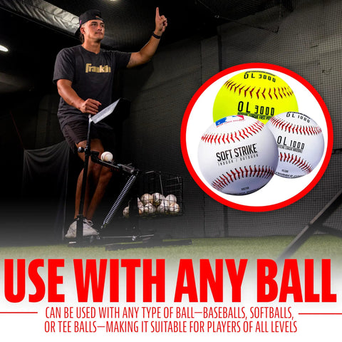 Man using All In One Baseball And Softball Training Aid With Spring Loaded Ball Launcher for batting practice in cage