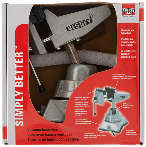 Vacuum Base Vise BV VB with Silver Finish packaging, showcasing ultra stable hold for hobbies, electronics, and light repairs