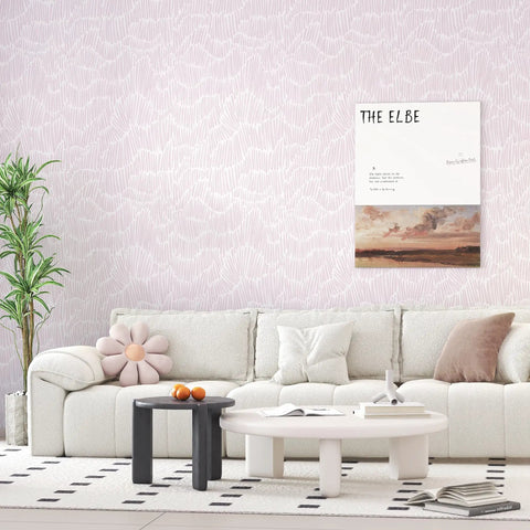 Fresh Boho Striped Peel And Stick Wallpaper Roll In Light Pink Waterproof Vinyl Contact Paper used in a modern living room.