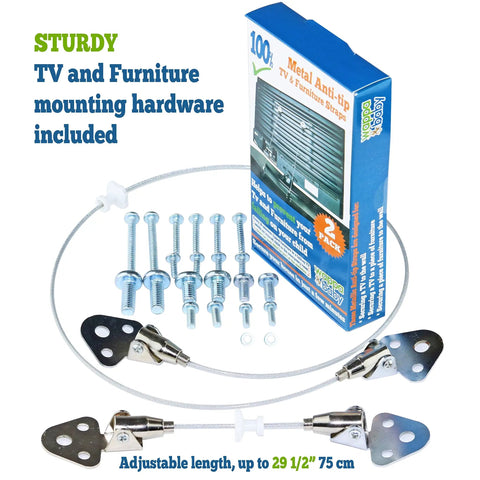 Heavy Duty TV Safety Straps Two Pack Anti Tip Straps With Sturdy Hardware Included shown with screws and metal brackets