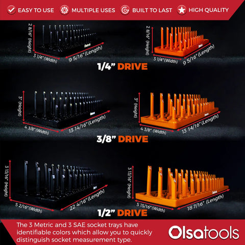 Six Piece Three Row Socket Organizer Trays In Orange For One Quarter Three Eighths One Half Inch Drive Keeps Sockets Neat And Ready With Deep And Shallow Toolbox Storage For SAE And Metric Sets