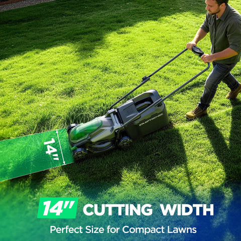 Lightweight 14 Inch Cordless Lawn Mower With 20V Power And 5Ah Battery, Ultra Quiet Push Mower For Small Yards Up To 3,000 Sq Ft, Easy Maneuver, Backyard Lawn Care And Maintenance, 14-inch cutting width on compact lawn