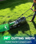 Ultra-Light 14 Inch Cordless Lawn Mower With 20V 2x5Ah Batteries Ultra Quiet Motor For Small Yards Finishes Up To 5,000 Sq Ft On One Charge Easy Push Lightweight Mower For Urban Lawns And Backyard Maintenance, man pushing 14-inch cordless mower on grass