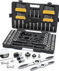 114 Piece Ratcheting Tap And Die Set SAE And Metric With 5 Degree Swing Arc T Handles visible in black case with open tools.