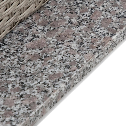 Close-up of granite base and wicker detail of Outdoor Must Have Transitional Metal And All Weather Wicker Square Patio Table