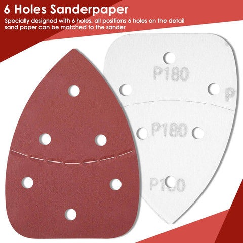 Two 6 hole 140mm sanding pads for mouse sanders, one red and one white, showing grit P180, designed for detailed sanding tasks.