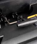 Close-up of Absolute Knockout 13 Inch Benchtop Planer showing spiral cutterhead and tool storage area.