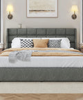 King Size Lift Up Storage Bed Frame With Linen Upholstered Wingback Headboard Heavy Duty Hydraulic Gas Lift Platform Base Room Savior Smart Underbed Stash Zero Squeak Grey in stylish bedroom setting with decorative pillows and throw.