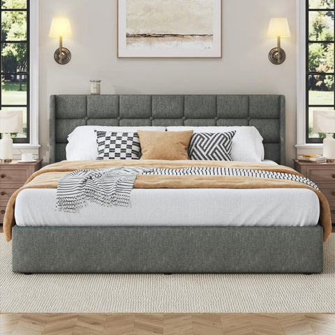 King Size Lift Up Storage Bed Frame With Linen Upholstered Wingback Headboard Heavy Duty Hydraulic Gas Lift Platform Base Room Savior Smart Underbed Stash Zero Squeak Grey in stylish bedroom setting with decorative pillows and throw.