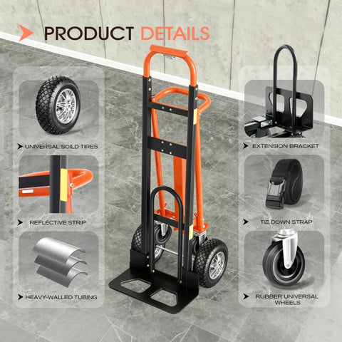 Beefy 4 In 1 Hand Truck With 360 Degree Swivel Casters showing details like reflective strips and rubber universal wheels.