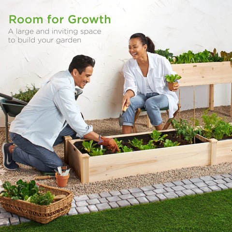 Couple planting in 8x2ft Outdoor Wooden Raised Garden Bed Planter For Vegetables And Grass Backyard Lawn Natural Finish Durable Fir Wood