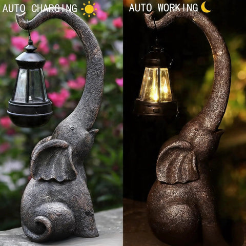 Outdoor Solar Powered Elephant Garden Statue With LED Lantern Lights, waterproof resin decor in day and night settings