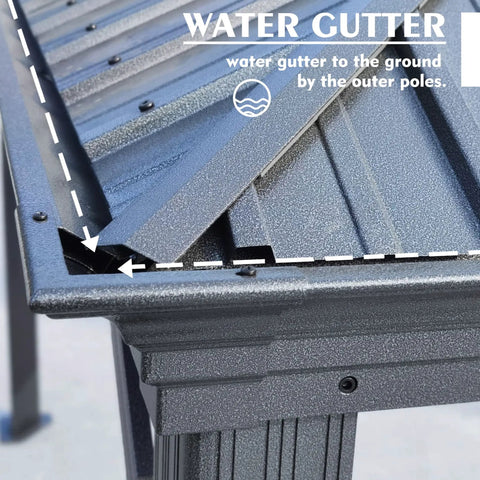 Close-up of water gutter feature on 10 By 12 Foot Hardtop Gazebo With Rugged Aluminum Frame And Galvanized Steel Double Roof.