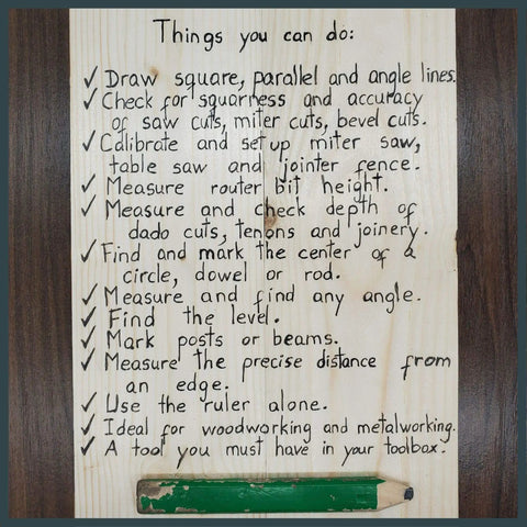 Wooden board with list of uses for Pro Grade Combination Square Set With Protractor 12 Inch Bevel Ruler for woodworking.