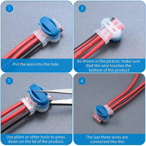 Waterproof 3 Way Wire Connectors Kit With Self Stripping Pigtail Connectors For 22 To 14 AWG Cables installation steps