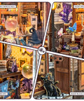 Collage of Time Magic Club Edition scenes with crystal ball, magic shelf, post owl, and black cat from Miniature Book Nook Kit For Adults