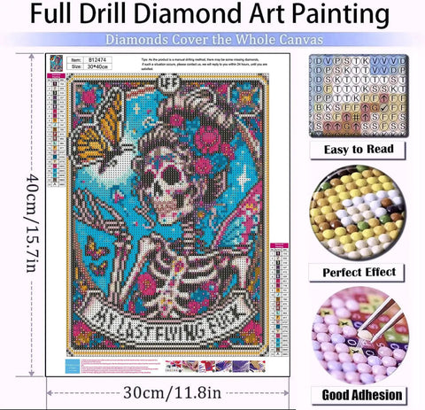 Skull Diamond Art Kit For Grown Ups 5D Full Drill Diamond Painting Kit For Beginners With Round Rhinestones DIY 12x16 Inches