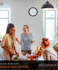 Three women enjoying a meal in a kitchen lit by Non Dimmable LED A19 Light Bulbs 100W Equivalent 14W 1500 Lumens Soft White 2700K.