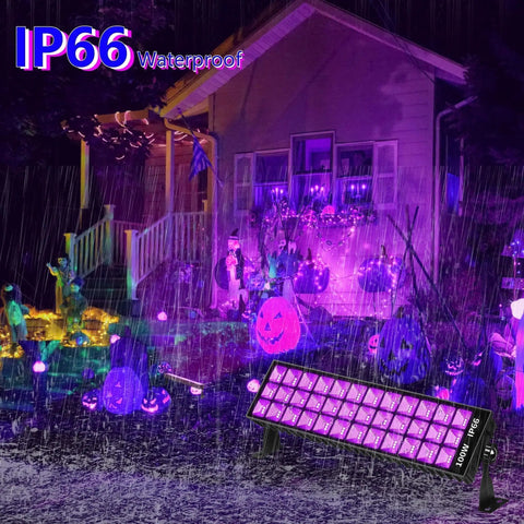 Two Pack 100W LED Black Light Bar 385-400nm Ultra Bright UV Glow Lights illuminating Halloween decorations outdoors