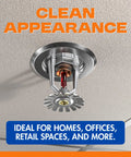 Retrofit Recessed Fire Sprinkler Escutcheon Split Three Piece Chrome Finish Depth Adjustable Ceiling Plate installed in ceiling.