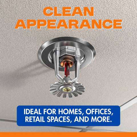 Retrofit Recessed Fire Sprinkler Escutcheon Split Three Piece Chrome Finish Depth Adjustable Ceiling Plate installed in ceiling.