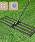 Heavy Duty Stainless Steel Lawn Leveling Rake 30 Inch By 10 Inch Yard Tool on grass with accessories inset